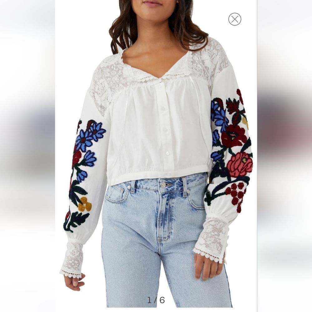 Nwt Free People Meadows Womens embroidered cropped cotton blouse Sz L